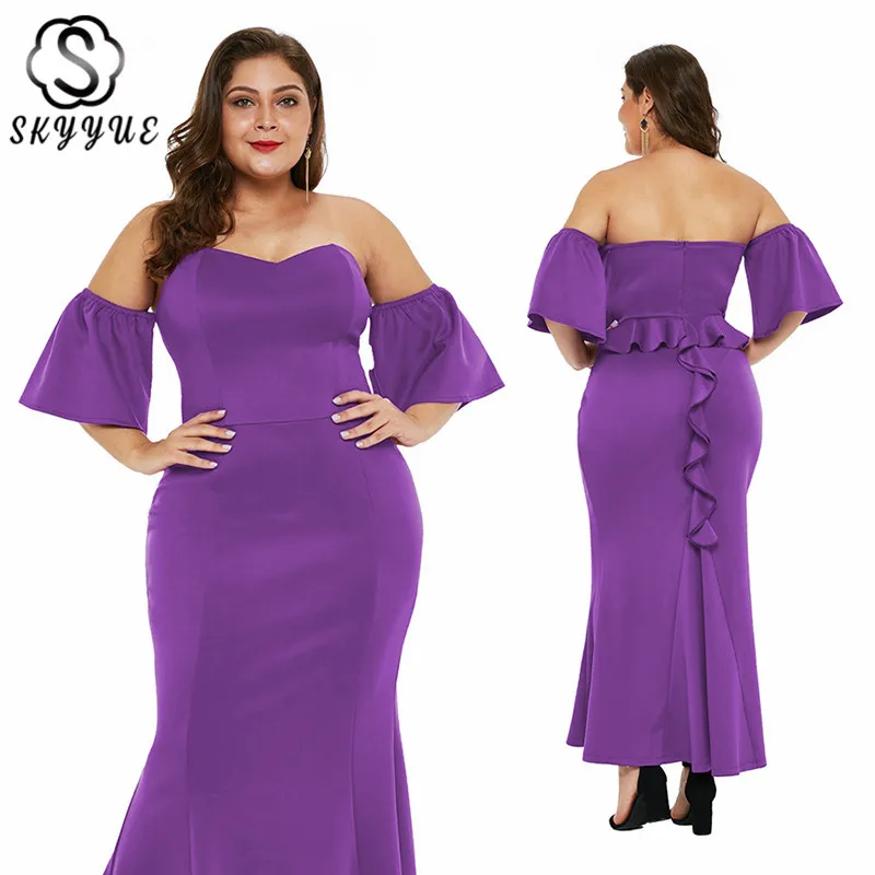 

Skyyue Evening Dress Sexy Strapless Robe De Soiree 2019 Plus Size Short Sleeve Women Party Dresses Ruffles Formal Gowns T034