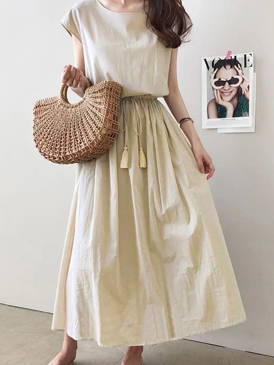 

Woman Boho Long Dress 2020 Summer Fashion Korean Causal Beach Maxi Dress Solid Black Swing Lace Up Japanese Korean Young Girl