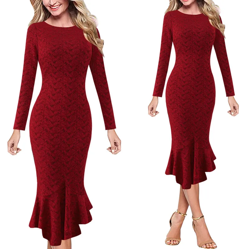Red Vfemage женские элегантные винтажные весенние осенние Pinup офисные деловые повседневные Коктейльные Вечерние облегающие платья Русалка 2787 - Цвет: Red