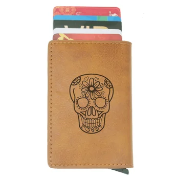 

Classic Flower Skull Steampunk RFID Credit Card Holder Anti-Theft Automatic Wallet Card Case Men Mini Leather Male Purse