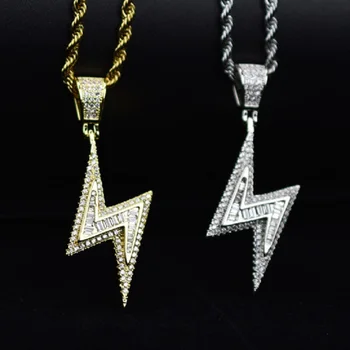 

Gold Silver Color Iced Bolt Necklaces Fashion AAA Zircon Pendant Lightning Pendants Jewelry Mens Hiphop Chains Drop Shipping