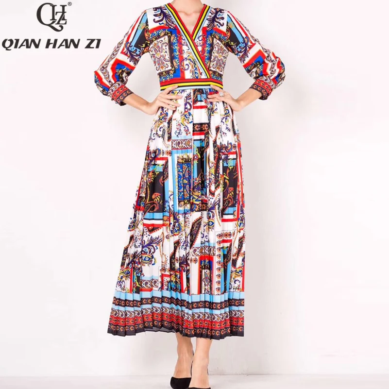 

Qian Han Zi 2020 New Designer Fashion long Dress Women's V collar Amazing pattern Printed Slim Pleated Maxi Dress