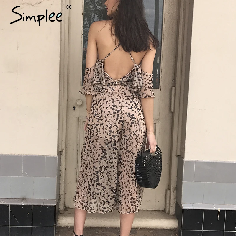 Женский шифоновый комбинезон Simplee на бретелях ромпер с оборками принтом