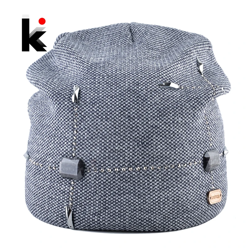 

Winter Beanie Hats Ladies Warm Knitted Beanies Women High Quality Knitting Wool Skullies Caps With Rhinestone Female Bonnet Hat