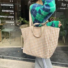 

Plaid Canvas Bag for Women Double Sided Shoulder Bag Vintage Female Large Capacity Tote Ladies Casual Big Student Travel Handbag