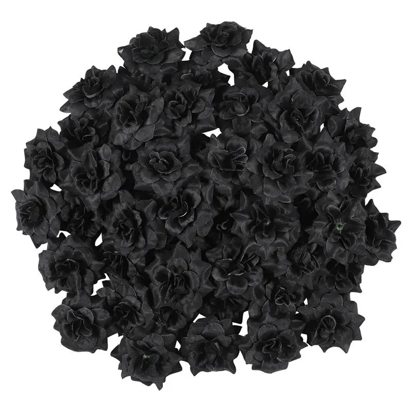 50pcs Simulation Silk Rose Flower Heads For Hat Clothes Album Embellishment Simulation Rose Flower (Black)