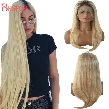 

BESFOR Brazilian Virgin 13×4 Lace Front Human Hair Wigs Highlight Ombre Blonde Color 1B613 Straight Balayage Hair Wig For Black