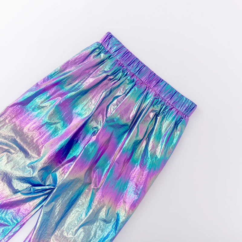 Разноцветные цветные контрастные металлические нейлоновые брюки женские современные элегантные зауженные Клубные брюки с морковкой