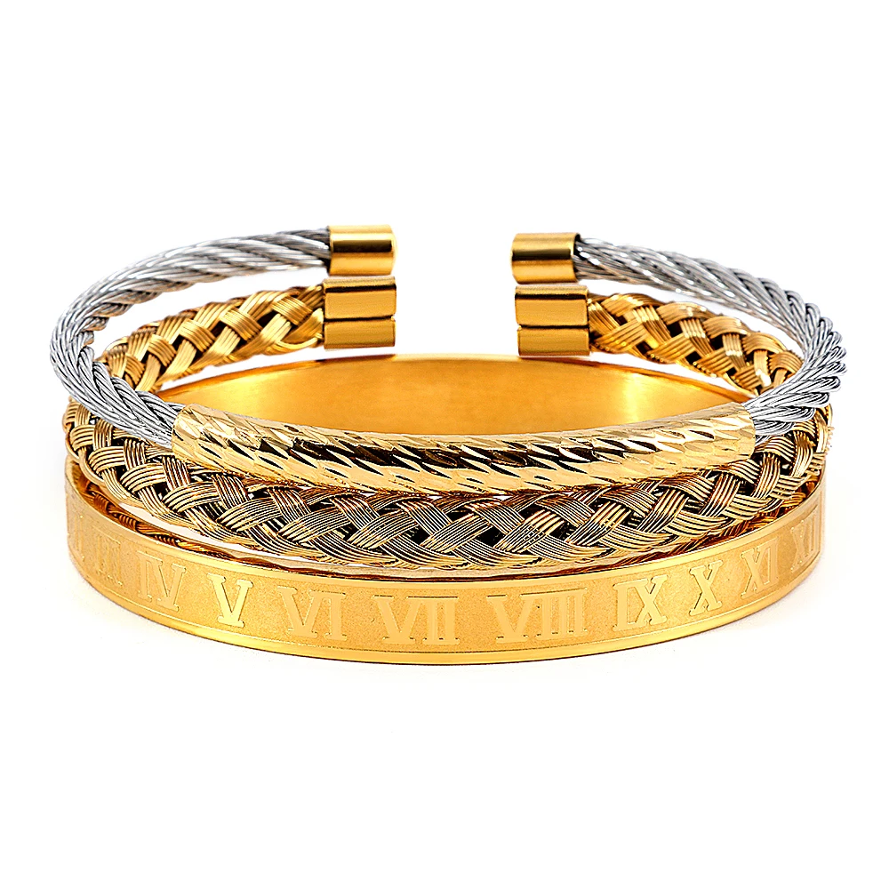 

Luxury Bracelet Cable Set Stainless Steel Beads Bracelet Hip Hop Men Jewelry Charm Brangle Carving Roman Numeral Male Bracelet