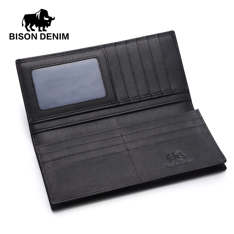BISON DENIM, роскошные Брендовые мужские кошельки, натуральная кожа, длинный тонкий двойной кошелек, деловой мужской держатель для карт, кошелек