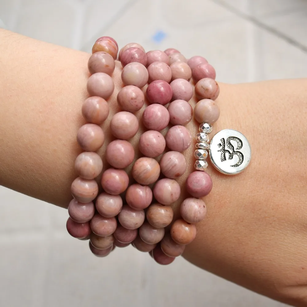 Женские 108 бусины, розовые камни, эластичные браслеты, Lotus OM, Будда, молитва, любовь, массивные ювелирные изделия