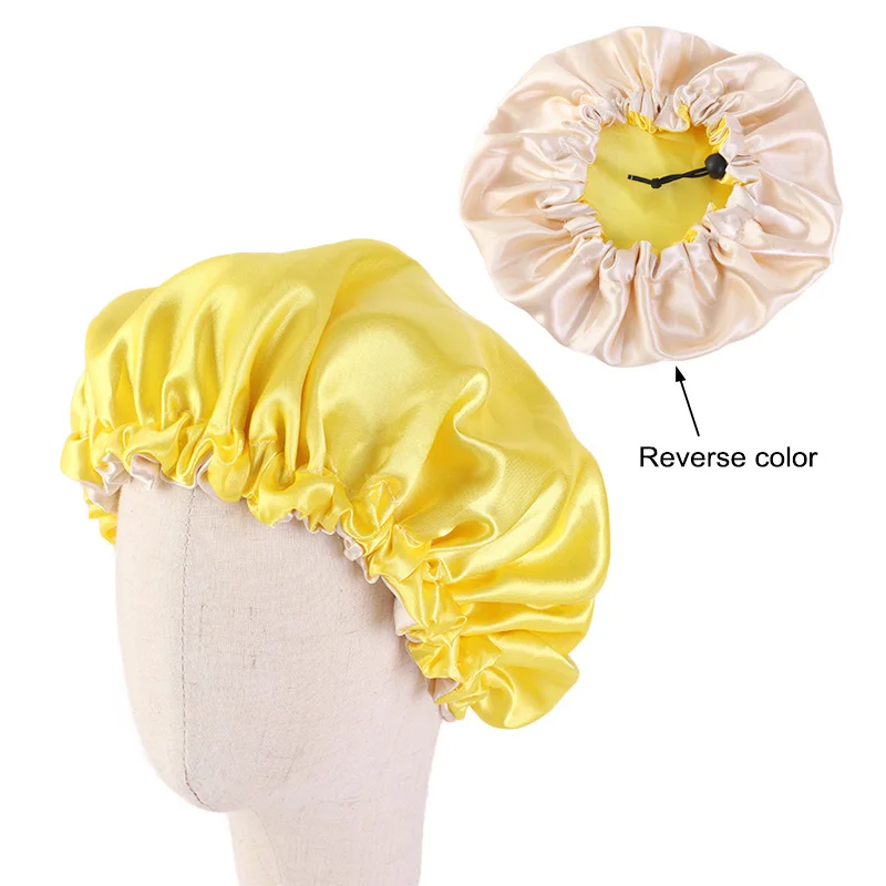 New Reversible Satin Bonnet double layer adjustable size Sleep Night Cap Head Cover Bonnet Hat for For Curly Springy Hair Black ladies head wraps Hair Accessories