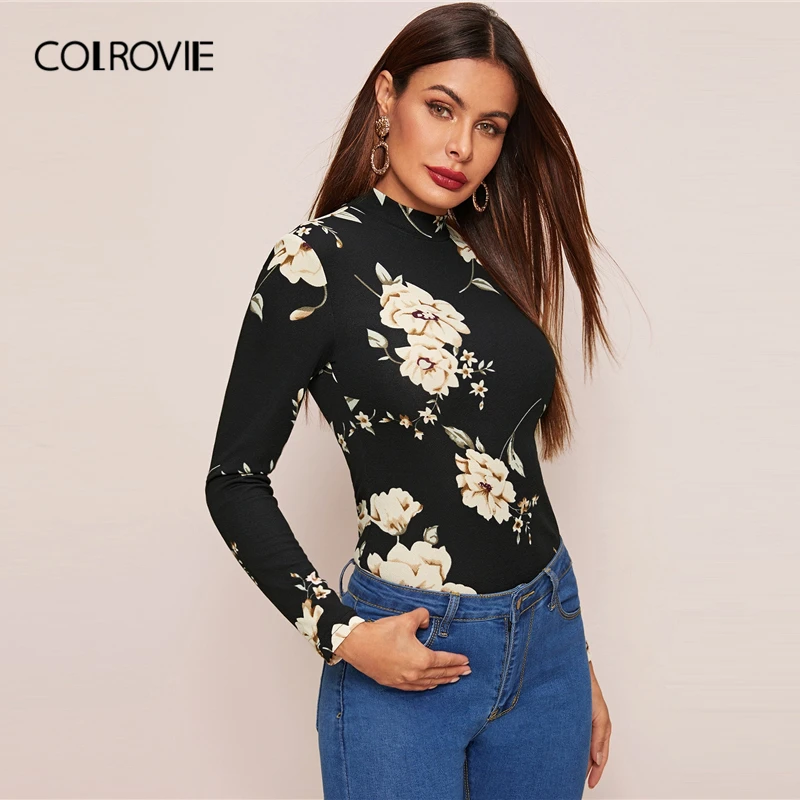 COLROVIE, Женская облегающая футболка с воротником-стойкой и цветочным принтом, весна, Разноцветные Повседневные пуловеры с длинным рукавом, элегантные топы