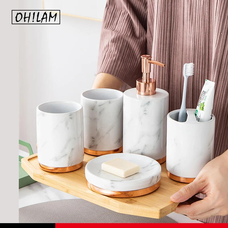 

5-Piece Ceramic Bathroom Accessories Set Bath Decor Liquid Lotion Dispenser Pump Toothbrush Holder Tumbler Soap Dish Home Gift