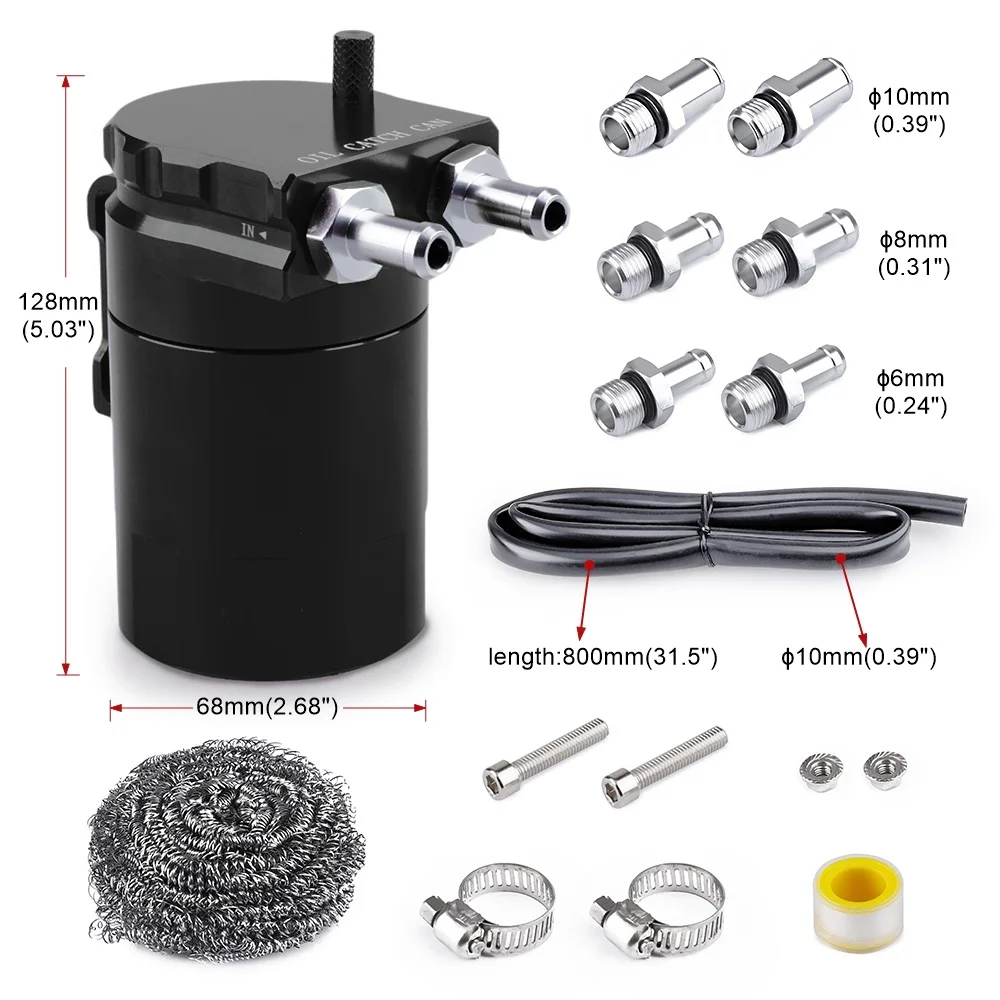 300ml Aluminum Oil Catch Can Kit Reservoir Fuel Tank Engine Polish Baffled  Car Universal Oil Catch Can Kit With adapter Black