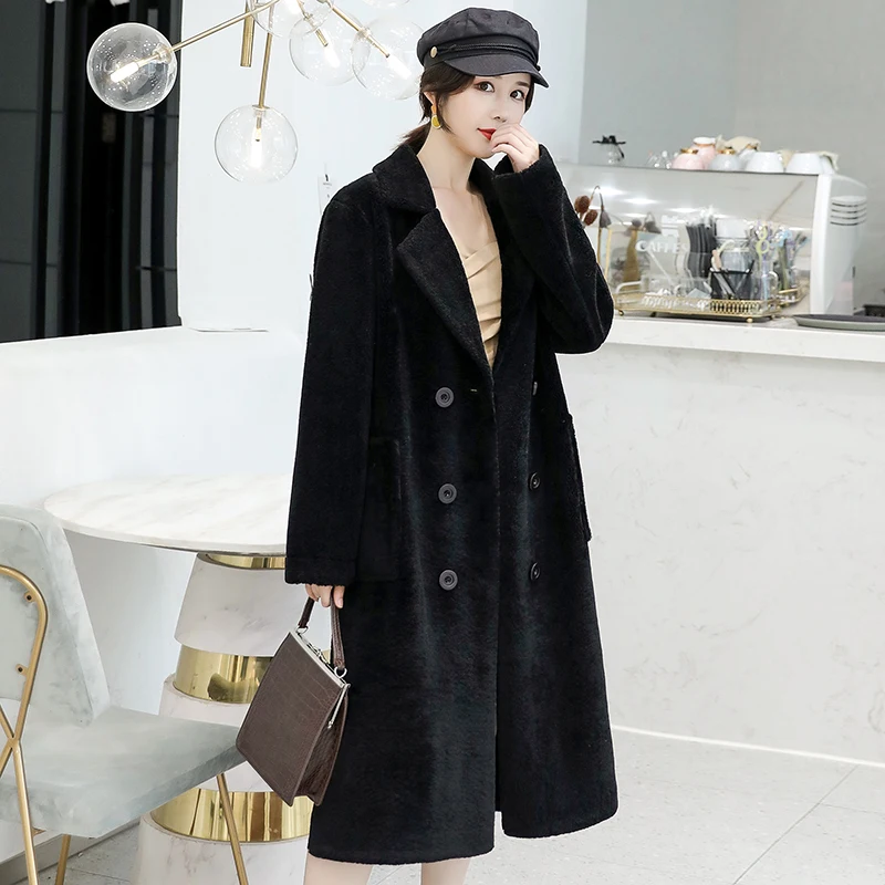 Cena 2019 nowe ziarno kaszmirowy płaszcz kobiet długi odcinek podwójne piersi pełna rękaw luźne związek futro jagnięce futro trawa płaszcz fala S XL