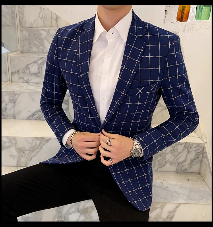 Autumn Winter Men Dress Suit High Quality Slim Fit Men Blazer Jacket Size S M L XL XXL XXXL Business Lattice Blazers Men Jackets