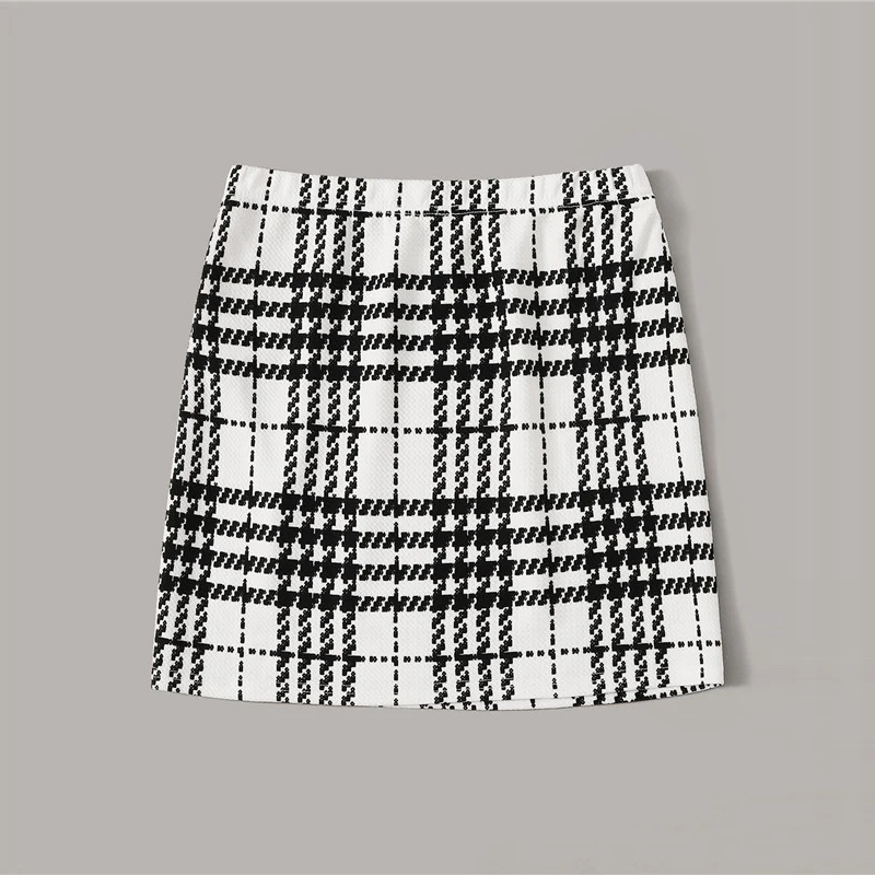 ROMWE клетчатая текстурированная мини-юбка женская осень одежда средняя талия черная юбка белая юбка трапециевидной формы с разрезом подол Корейская юбка