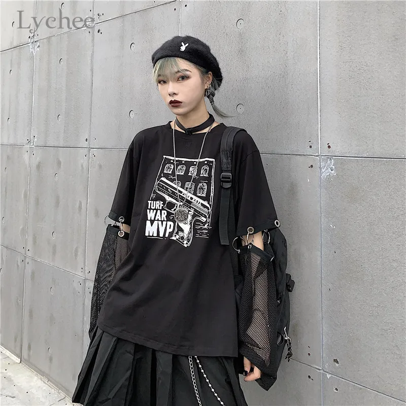Lychee Harajuku/женские футболки с принтом пистолета, топ-футболка, поддельные женские футболки 2 шт., топы-футболки с кольцом и сеткой, Лоскутная Женская футболка с круглым вырезом