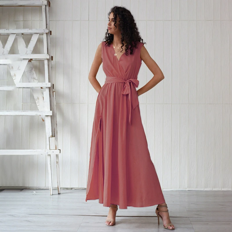 

Elegant Chiffon Long Dress Women Boho Autumn Summer Sexy Long V-neck Wrap Slit Clothing 2019 Pink Tunic Club Dress Vestido