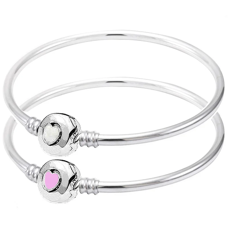Original Pink Wonderful Love Heart Clasp Snake Chain Bracciale Bangle Fit 925 Sterling Silver Bead Charm Bangle Europe Jewelry