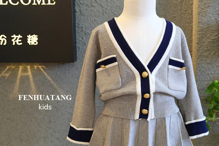 

New Products Childrenswear Girls Autumn College Knitted Jacket Cardigan + Skirt Short Skirt Core-Spun Yarn Two-Piece Set