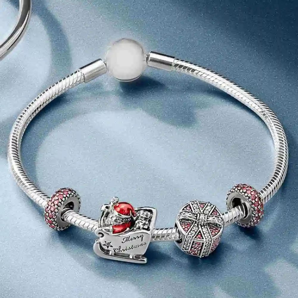 

SIENTO 100% 925 Sterling Silver Christmas Shimmering Gift Charm Red & Clear Sleighing Santa Bracelet Set Free Shipping
