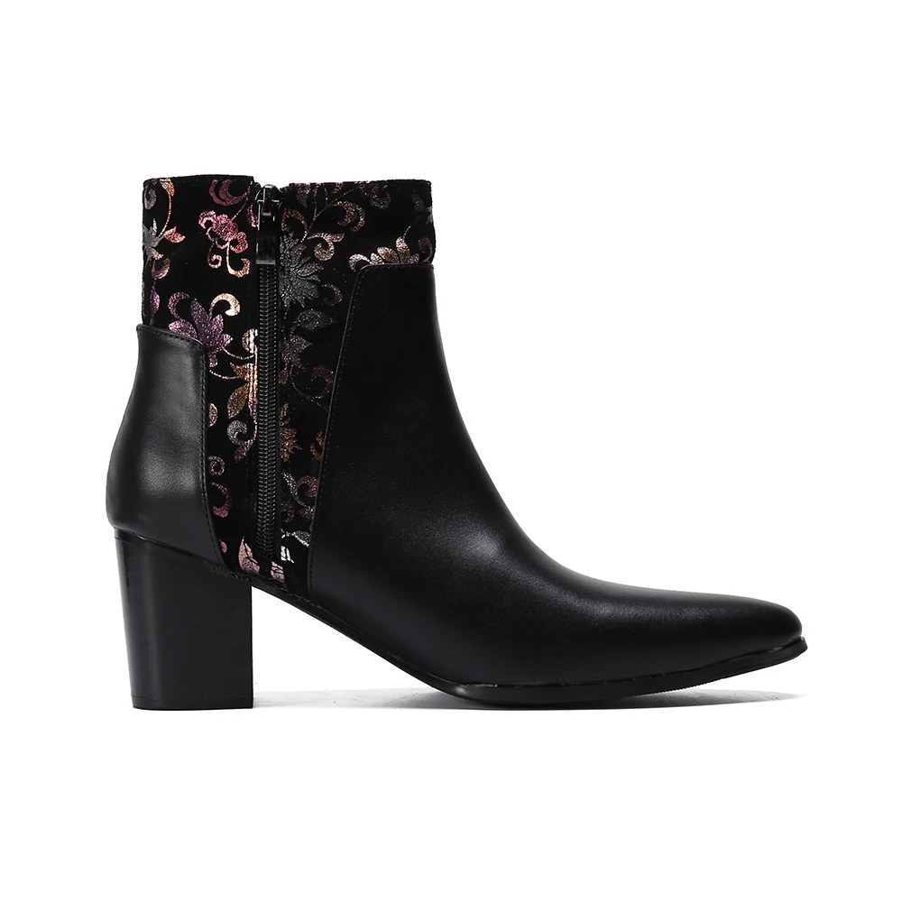 Winter Autumn Genuine Leather Men Boots Zipper Floral Print Men High Heel Ankle Boots Party Prom Formal Dress Boots Plus Size