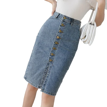 

Summer Front Buttons High Waist Bodycon Denim Pencil Skirts For Women Knee Length Stretch Denim Skirt Female Office Jeans Skirt