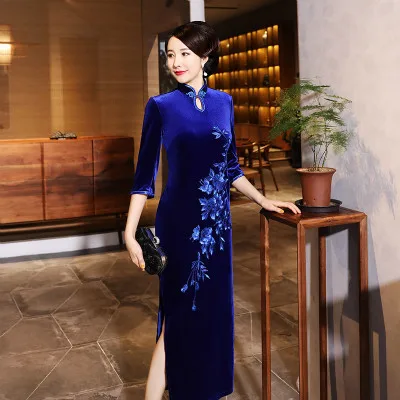 Черный бархат вышивка Китайский Винтаж Cheongsam капли воды воротник Женский костюм женский Восточный стиль с длинным рукавом Qipao - Цвет: Blue long cheongsam