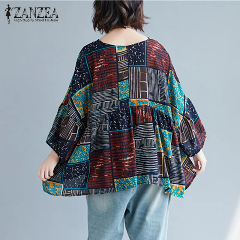ZANZEA Женская этническая блузка с принтом, винтажная рубашка с рукавом, сорочка, Женская туника, топ, повседневные свободные вечерние блузы размера плюс