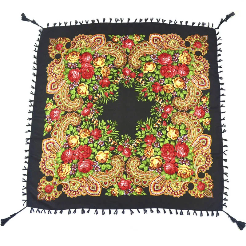 

2018 Winter New Brand Russian Woman Print Scarf High Quality Cotton Blends Handmade Tassel Square Bandana and Lady Shawl
