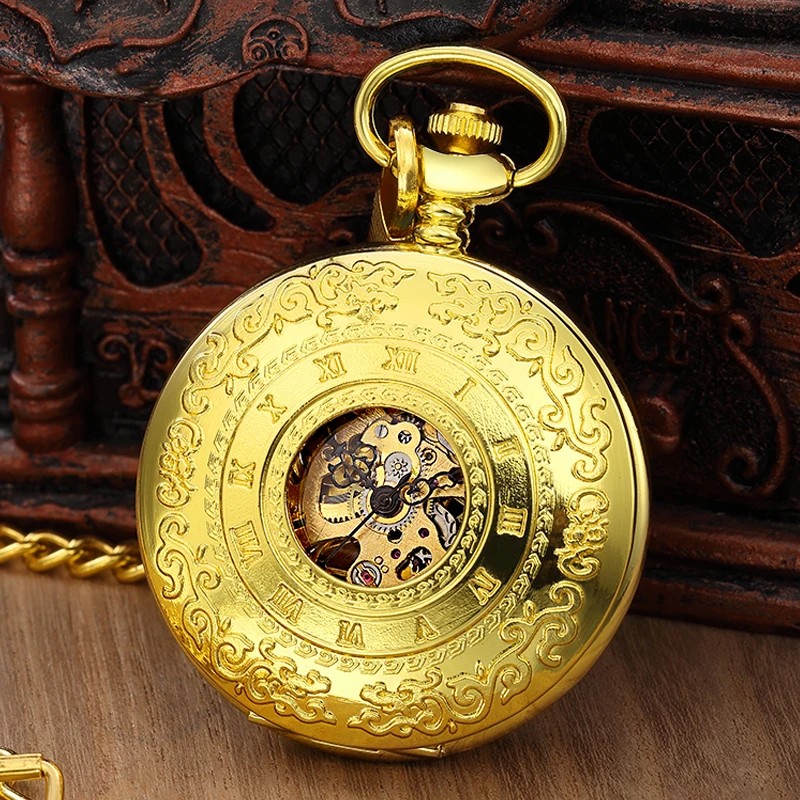 

Retro Carved Hollow Roman Numerals Automatic Mechanical Pocket Watch FOB Chain Hand Winding Steampunk Skeleton Golden Men Woman