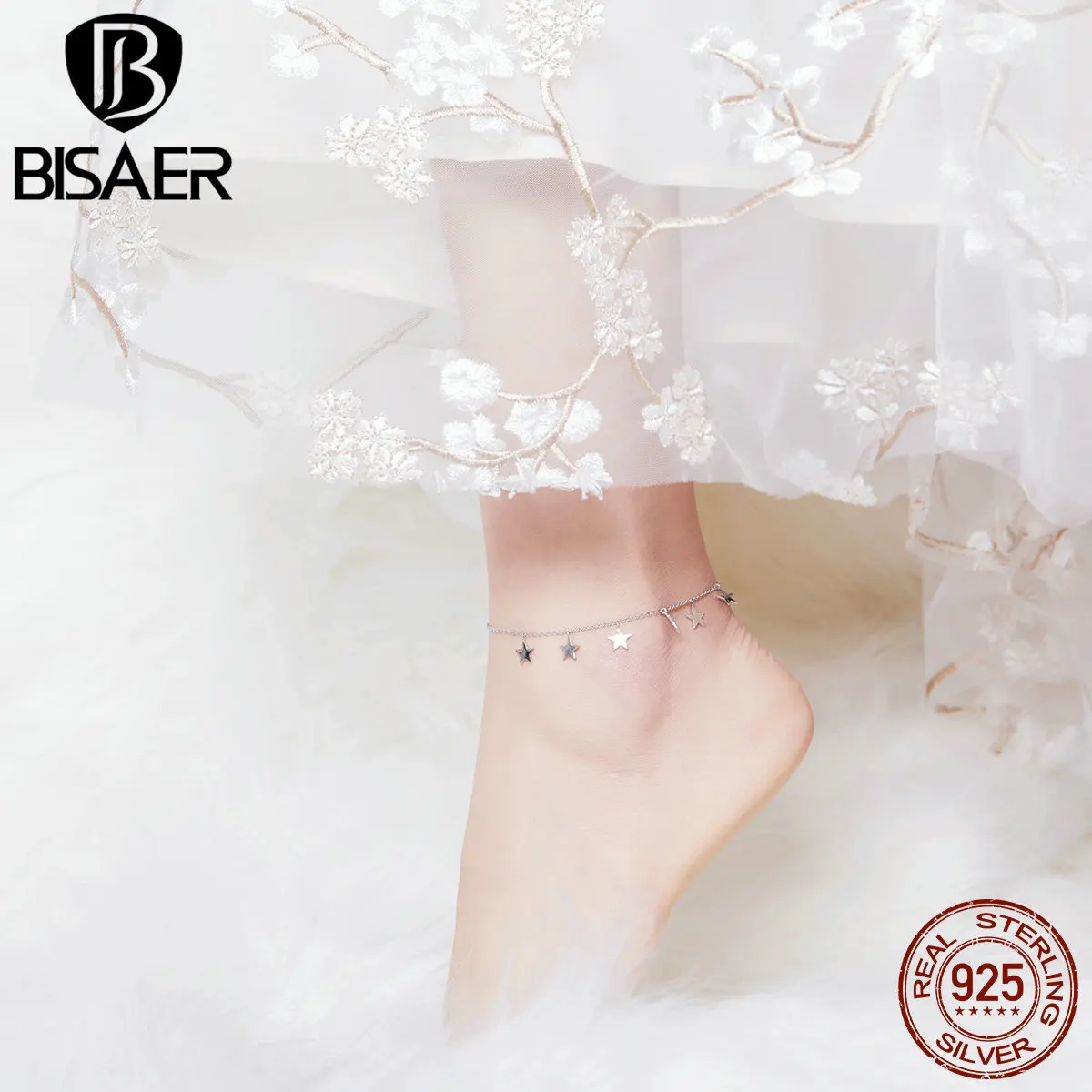 BISAER Simple Stars Female Anklets 925 Sterling Silver Crochet Foot Jewelry On Foot Ankle Bracelets For Women Leg Chain HST008 BISAER Simple Stars Female Anklets 925 Sterling Silver Crochet Foot Jewelry On Foot Ankle Bracelets For Women Leg Chain HST008