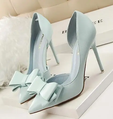 

Nice Spring Summer New Women Sweet butterfly-knot Pointed Toe Leather Super High Heels Shoes Woman Pumps