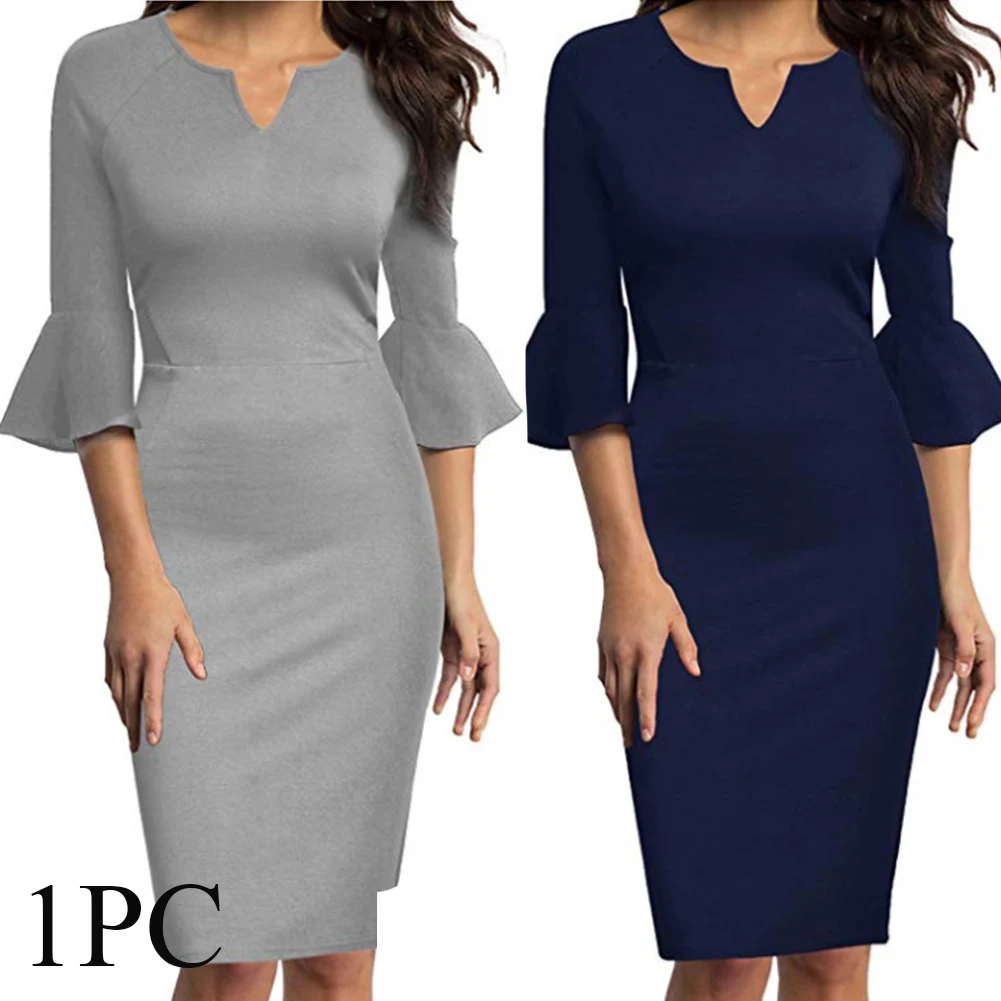 Women Dress Y-neck Daily High Waist Work Elegant Package Hip Shopping Knee Length Midi Solid Travel Three Quarter Sleeve