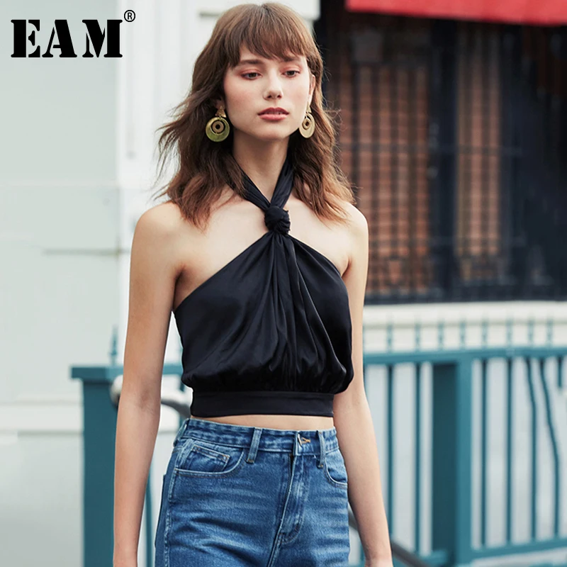 

[EAM] Women Black Backless Short Blouse New Halter Sleeveless Loose Fit Shirt Fashion Tide All-match Spring Autumn 2019 1B128