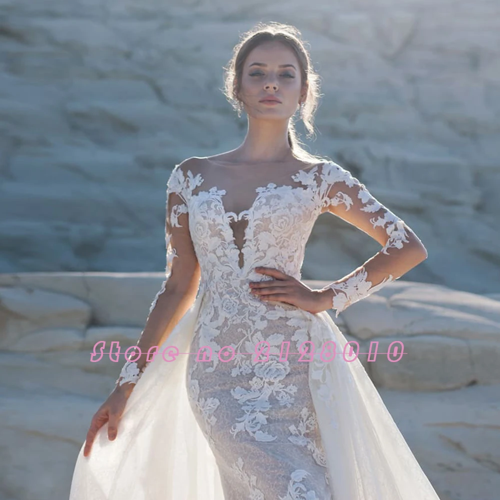 С длинным рукавом Русалка свадебное платье-бохо со съемным шлейфом; Robe De Mariage сирен аппликации кружево расклешенные к низу Китай(материк