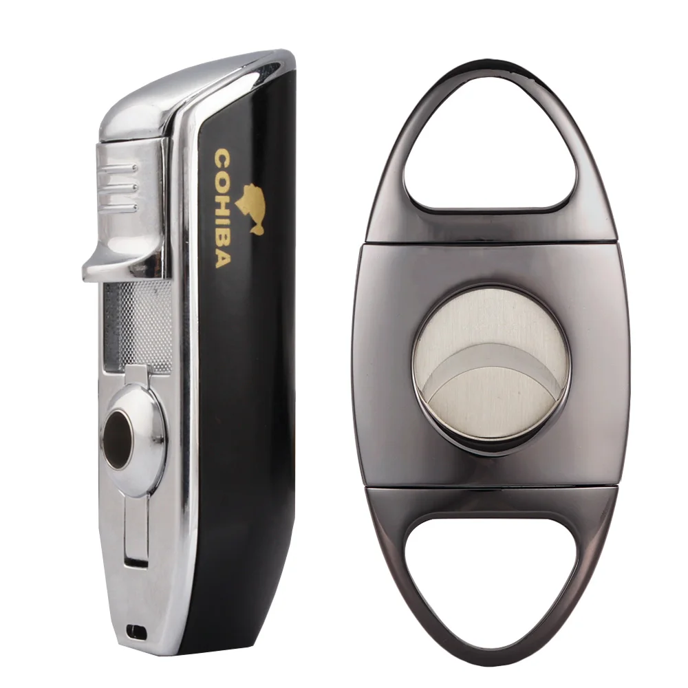 COHIBA Cutter зажигалка сигарный набор карманная металлическая газовая зажигалка W/Дырокол сигары резак Gillotina 3 фонарь Puro Encendedor подарочная коробка - Color: Silver