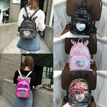 

Women Girl's Fashion sequined deer horn backpack Mini Backpack School Rucksack Travel Kids Small Bag High capacity schoolbag