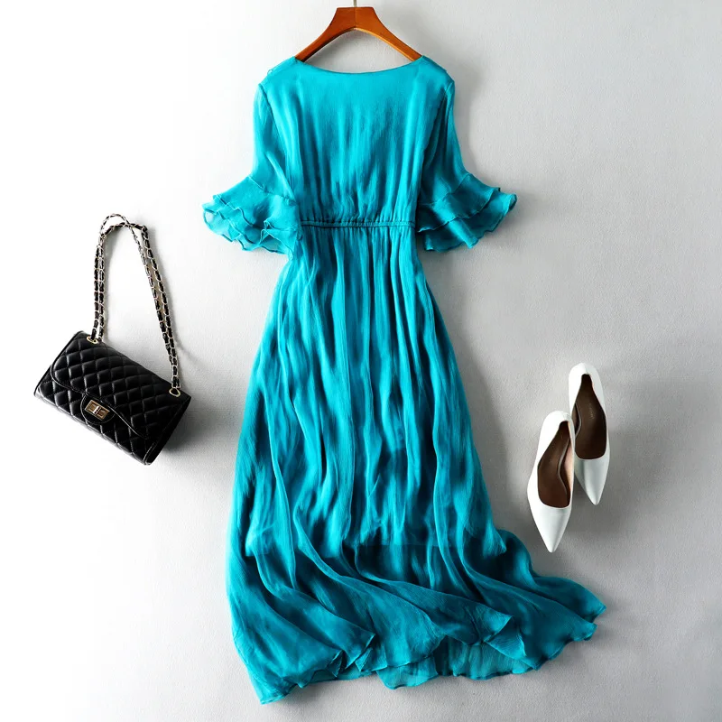 Tcyeek летнее платье Настоящее шелковое платье женская одежда Boho Ruffles макси платья Vinatge элегантные женские Vneck Vestido 98005