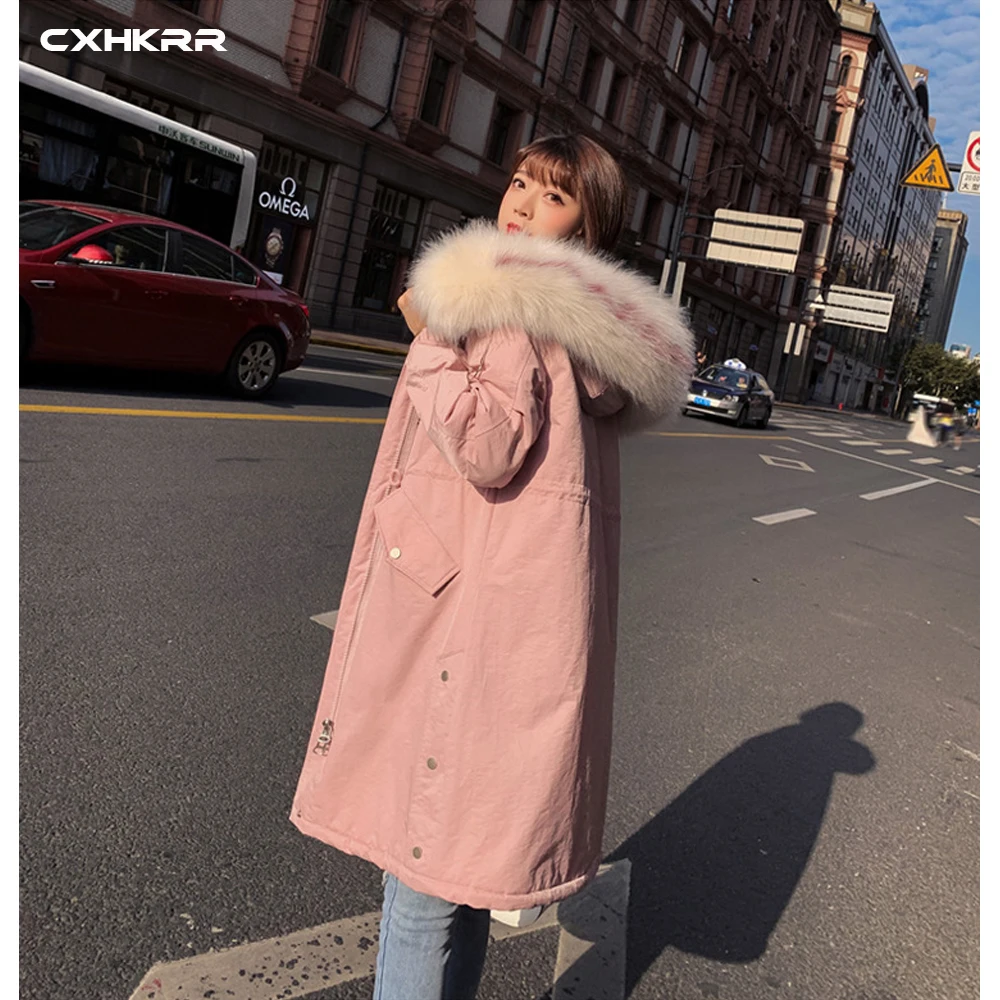 CXHKRR Fashion Long Parka Coat Jacket Oversized Cotton Jacket Women Winter Faux Fur Collar Hooded Jacket Cotton Women