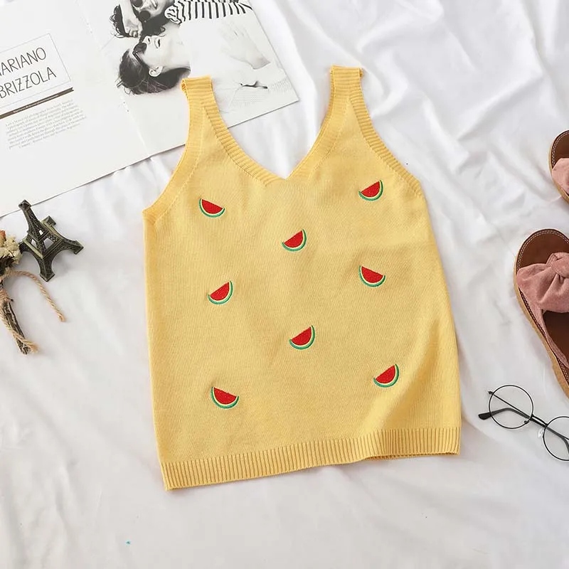 YELLOW HELIAR летние спагетти Camisoles женские трикотажные арбуз вышивка кофта с v-вырезом Женская сорочка без рукавов Femme Camis - Цвет: YELLOW