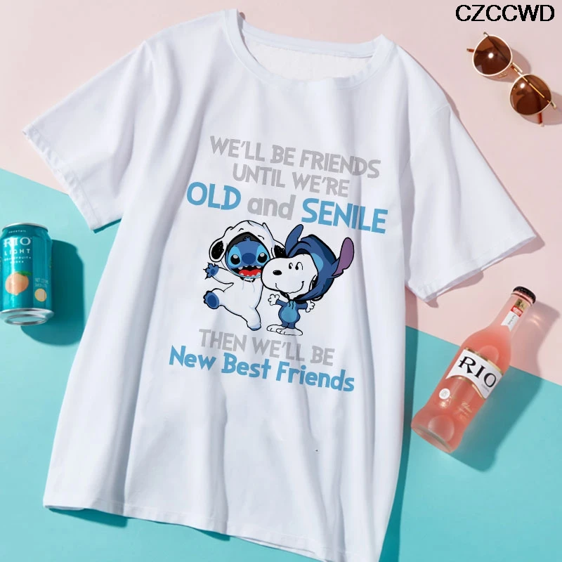 

Women Clothes White Tshirt Fashion Harajuku Kawaii Stitch And Snoopy Is Best Friends T Shirt Leisure Hipster Female T-shirt Tops