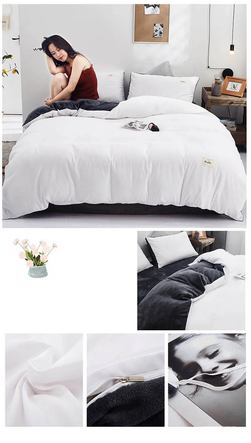 3pcs/4pcs Winter Warm Solid Color Yellow Grey Bedding Set Bed Sheet Quilt Cover and Pillowcases Set
