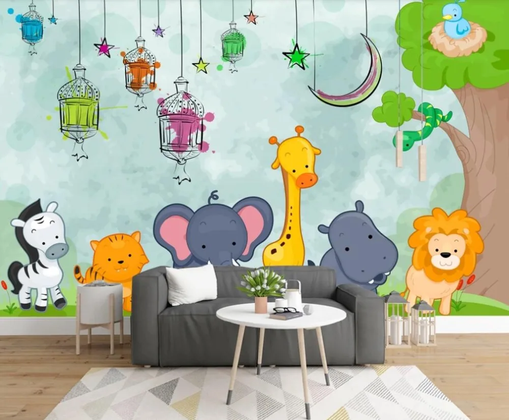 Custom 3D mural wallpaper Nordic modern minimalist hand-painted cartoon animal world children's room mural background wall