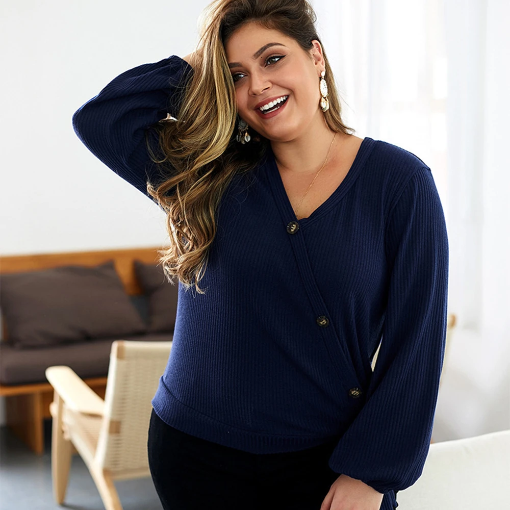 

Plus Size New Autumn V Neck Button Casual Pullovers Women Long Lantern Sleeve Loose Comfy Bow Knitted Tops 2020 Pull Over Femme