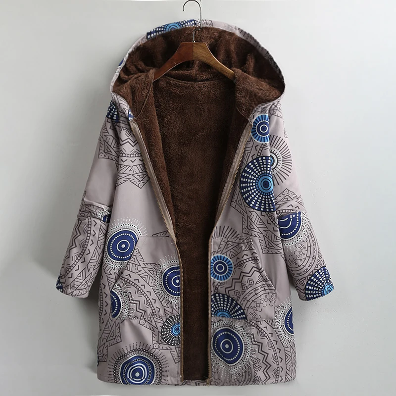 CAMEL 3XL 4XL 5XL размера плюс пальто женское винтажное Свободное пальто с капюшоном флисовое пальто на молнии с принтом Осенняя теплая парка длинная верхняя одежда - Цвет: CAMEL