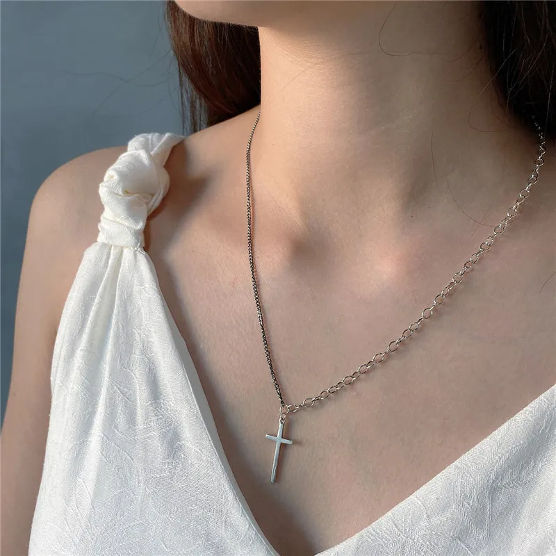 POFUNUO Women Sexy Exquisite Jewelry Cross Pendant Necklace Real 925 Sterling Silver Girl Vintage 50cm Chain Niche Long | Украшения и