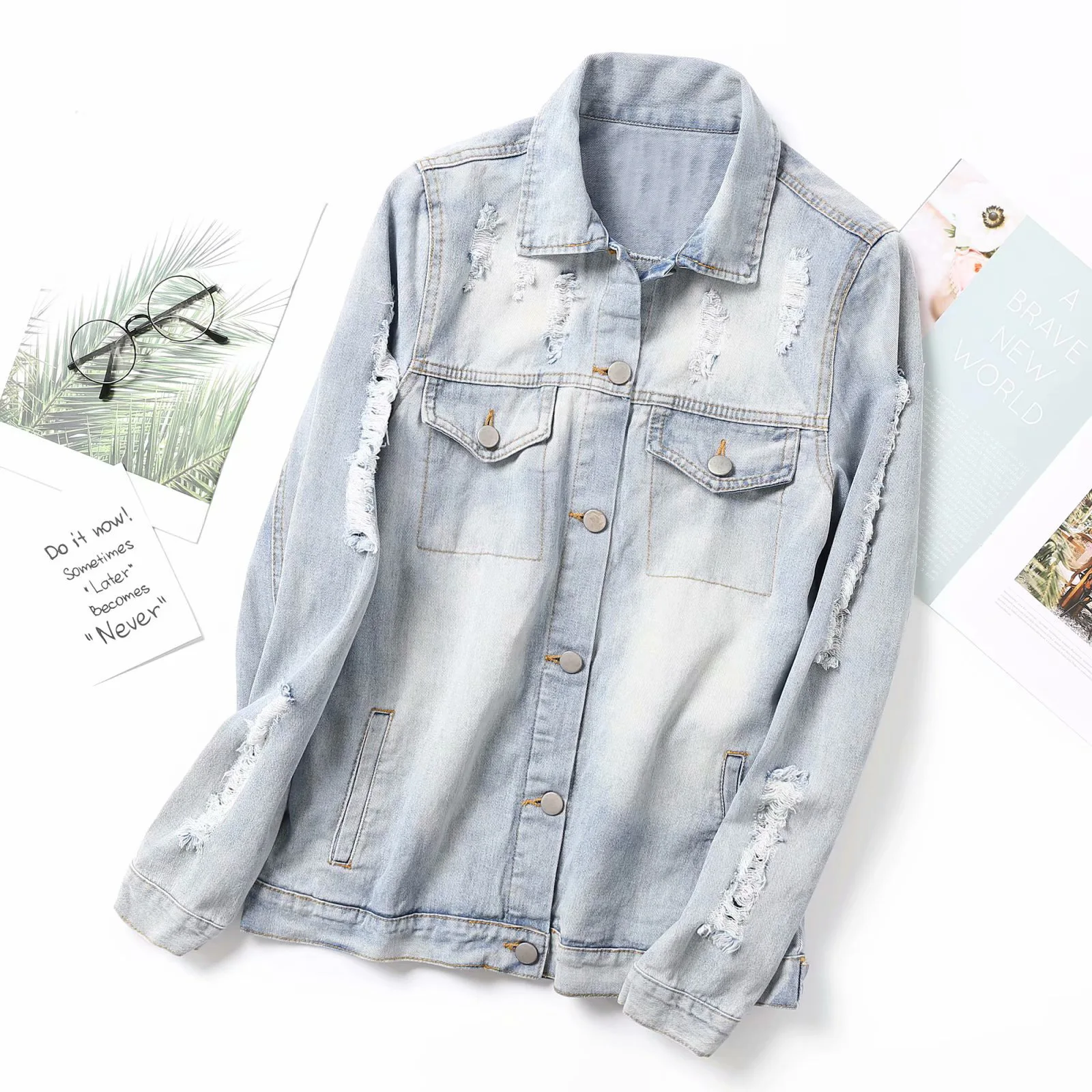 

Western Style WOMEN'S Dress 2019 Spring New Style Fold-down Collar Washing with Holes Cowboy Jacket Women's